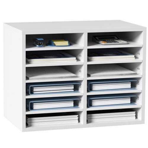 VEVOR Organizador de Literatura de madera Aglomerado Estante de Almacenamiento de Documentos de 12 Compartimentos 52x30,5x41 cm Clasificador de Literatura con Estantes Ajustables para Oficina, Blanco