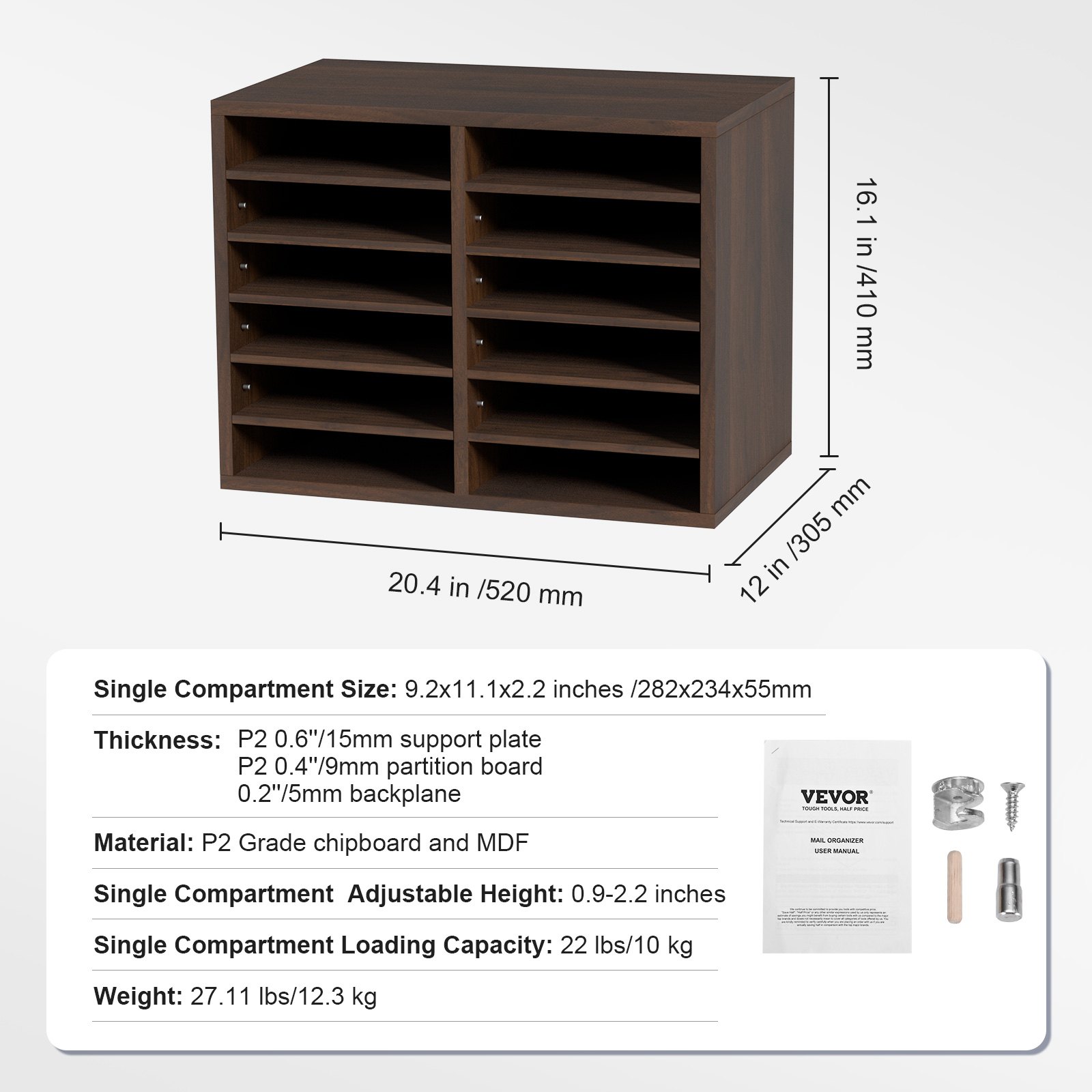 organizador de madera VEVOR con múltiples compartimentos ajustables. dimensiones: 520x410x305 mm.