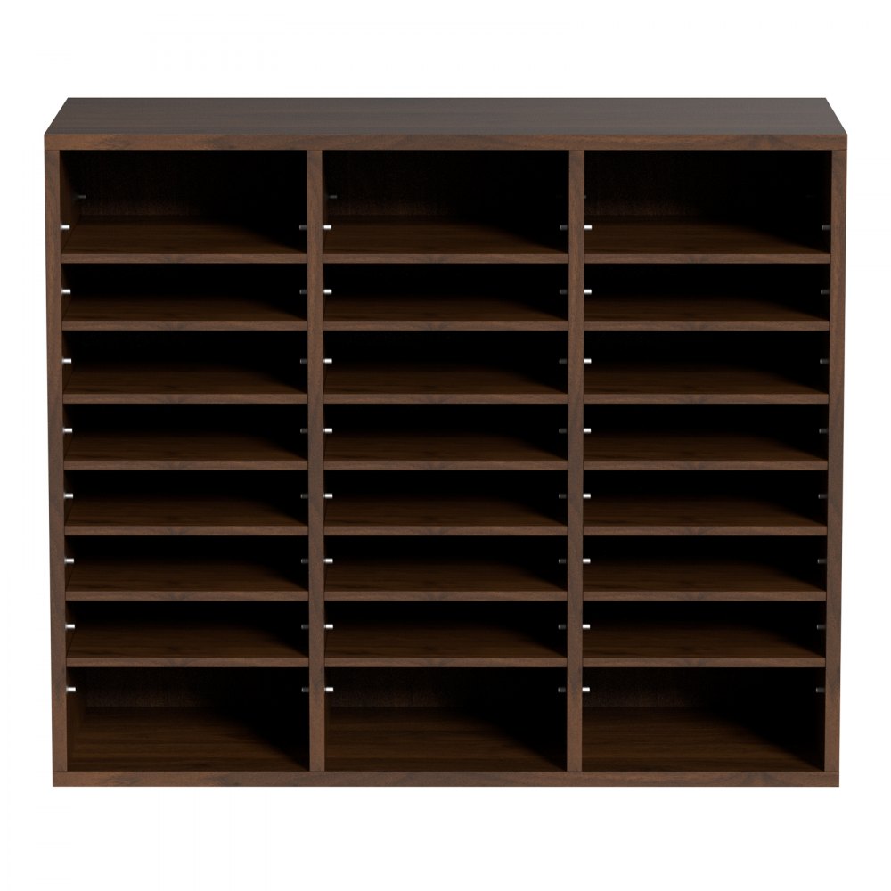 Organizadores de literatura VEVOR con múltiples estantes ajustables en acabado de madera oscura. Perfecto para uso en oficina.