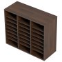 Organizadores de literatura VEVOR en acabado de madera oscura con múltiples compartimentos ajustables y un diseño elegante.