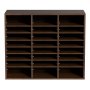 Organizadores de literatura VEVOR con múltiples estantes ajustables en acabado de madera oscura. Perfecto para uso en oficina.
