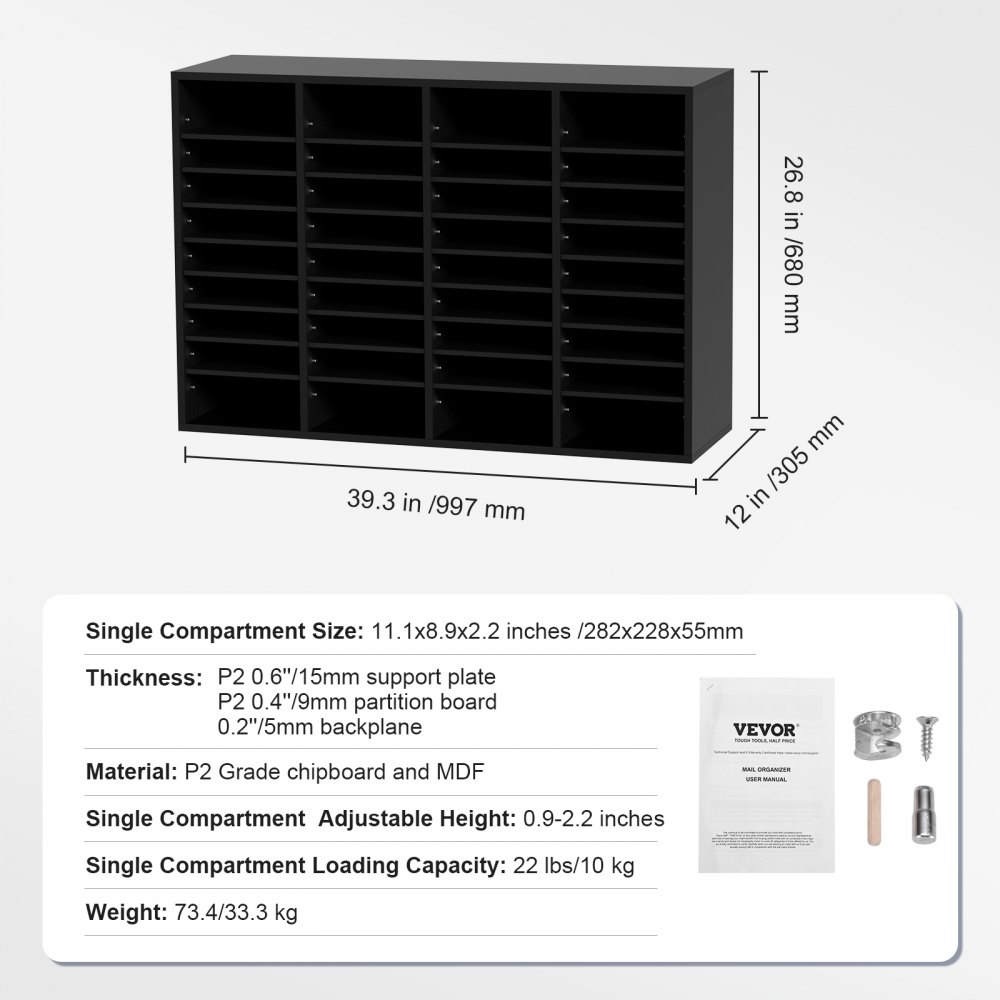VEVOR Organizador de Literatura de madera Aglomerado Estante de Almacenamiento de Documentos de 36 Compartimentos 99,7x30,5x68 cm Clasificador de Literatura con Estantes Ajustables para Oficina, Negro