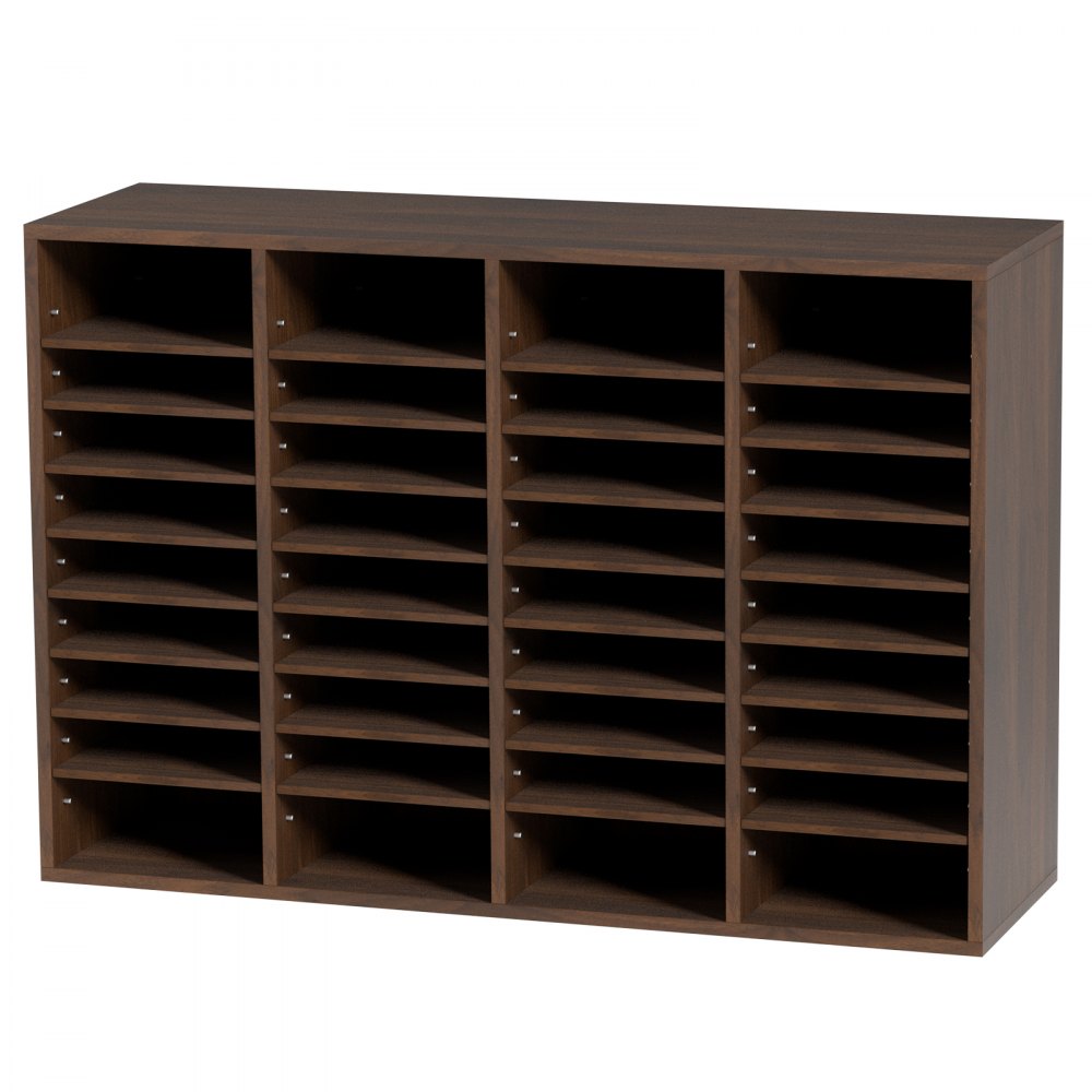 Organizadores de literatura VEVOR en acabado de madera oscura con 36 compartimentos para clasificar documentos y suministros.