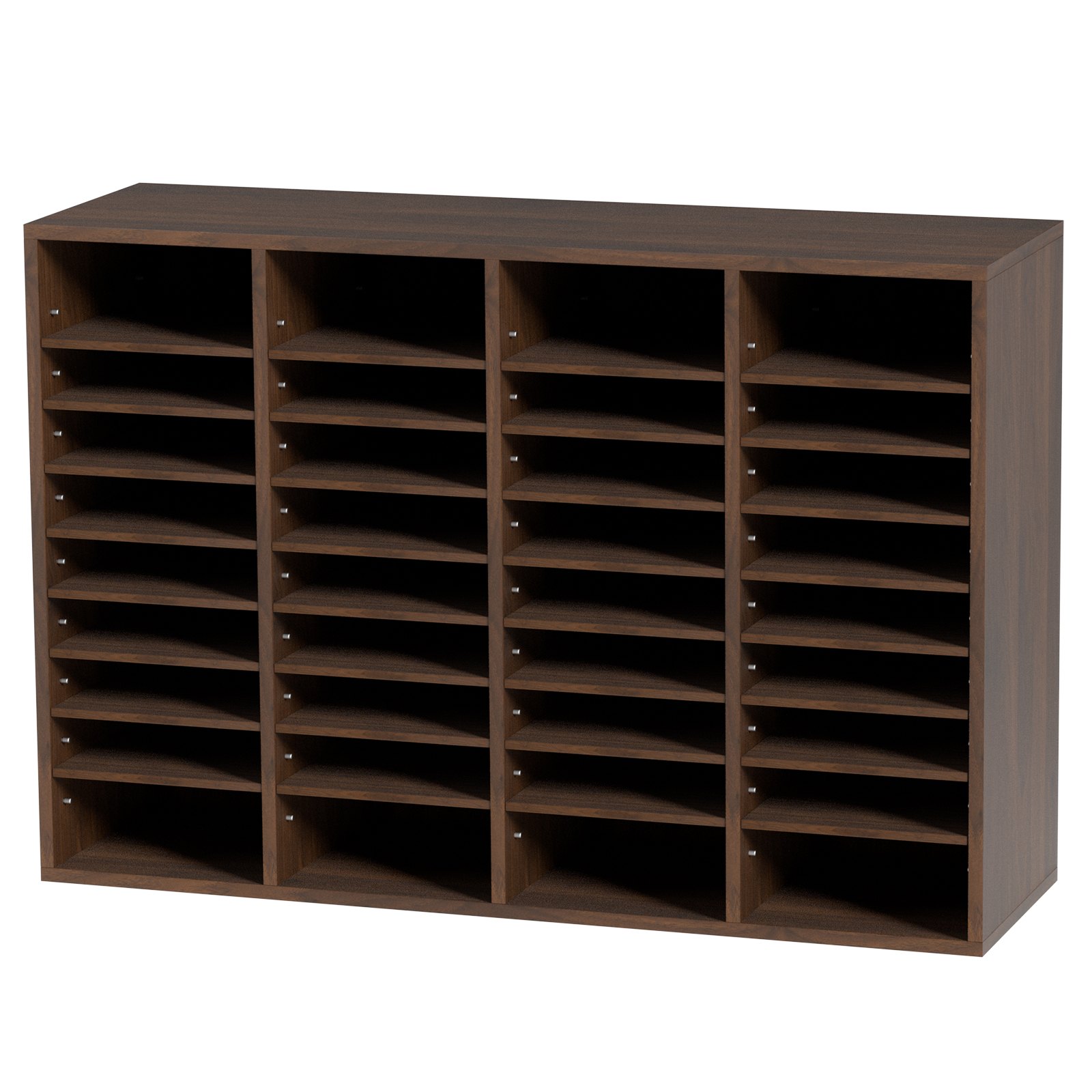 Organizadores de literatura VEVOR en acabado de madera oscura con 36 compartimentos para clasificar documentos y suministros.