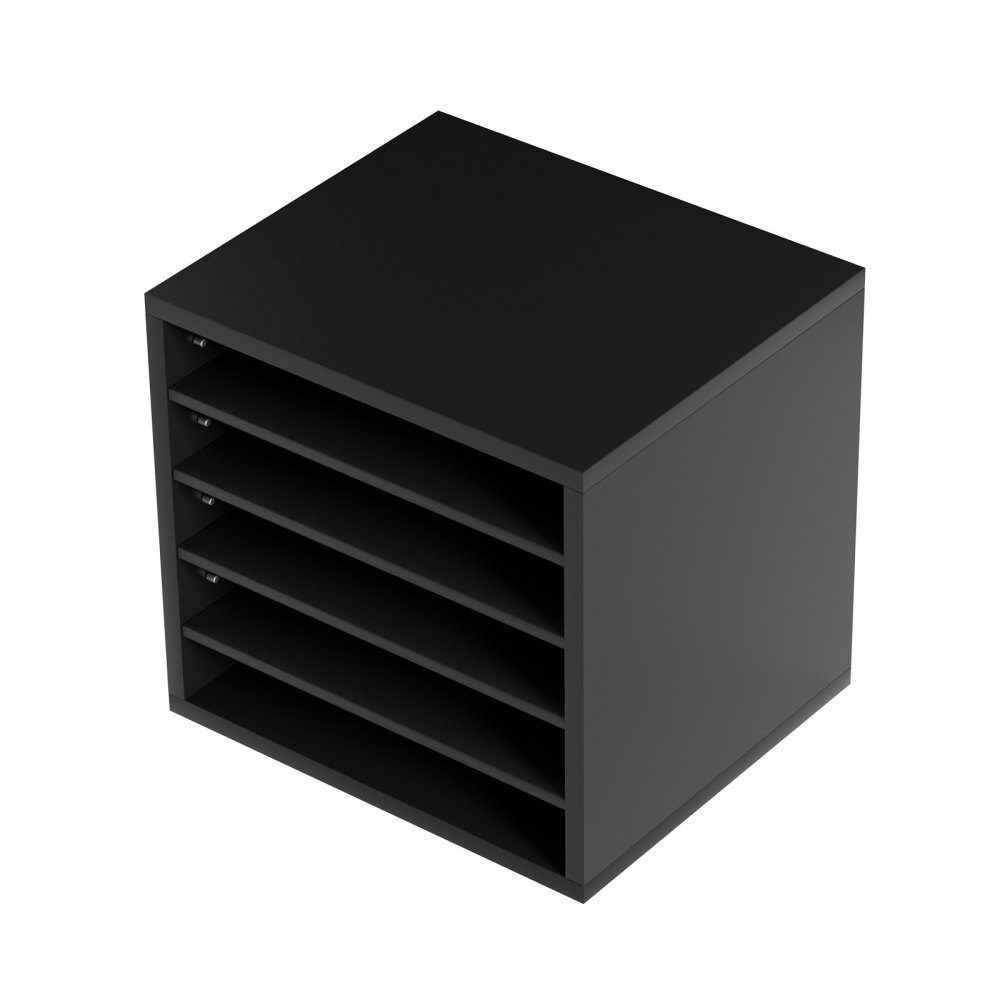 Organizadores de literatura VEVOR de cinco niveles en color negro para uso en oficina. Diseño compacto con ranuras horizontales.