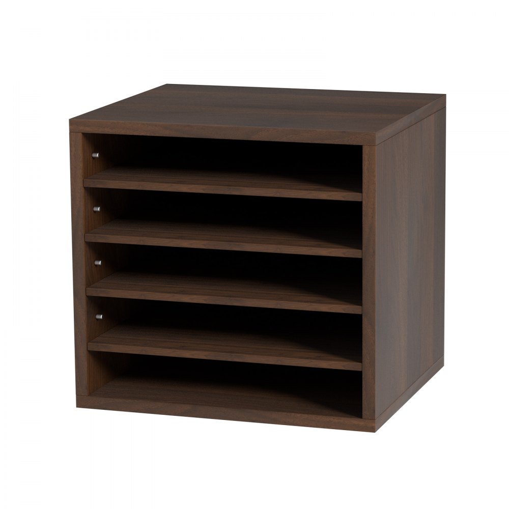 Organizadores de literatura VEVOR de madera marrón con cinco estantes horizontales para almacenar documentos.