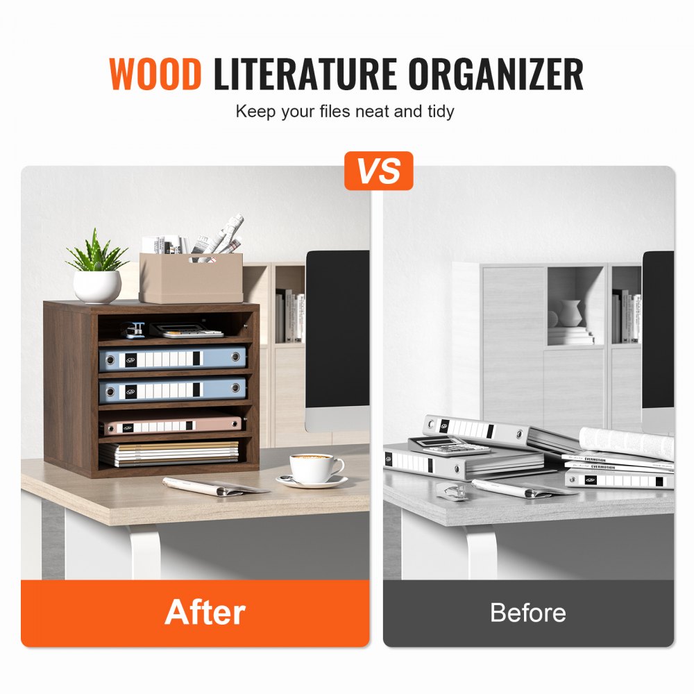 VEVOR Organizador de Literatura de madera Aglomerado Estante de Almacenamiento de Documentos de 5 Compartimentos 35,5x30,5x33 cm Clasificador de Literatura con Estantes Ajustables para Oficina, Marrón