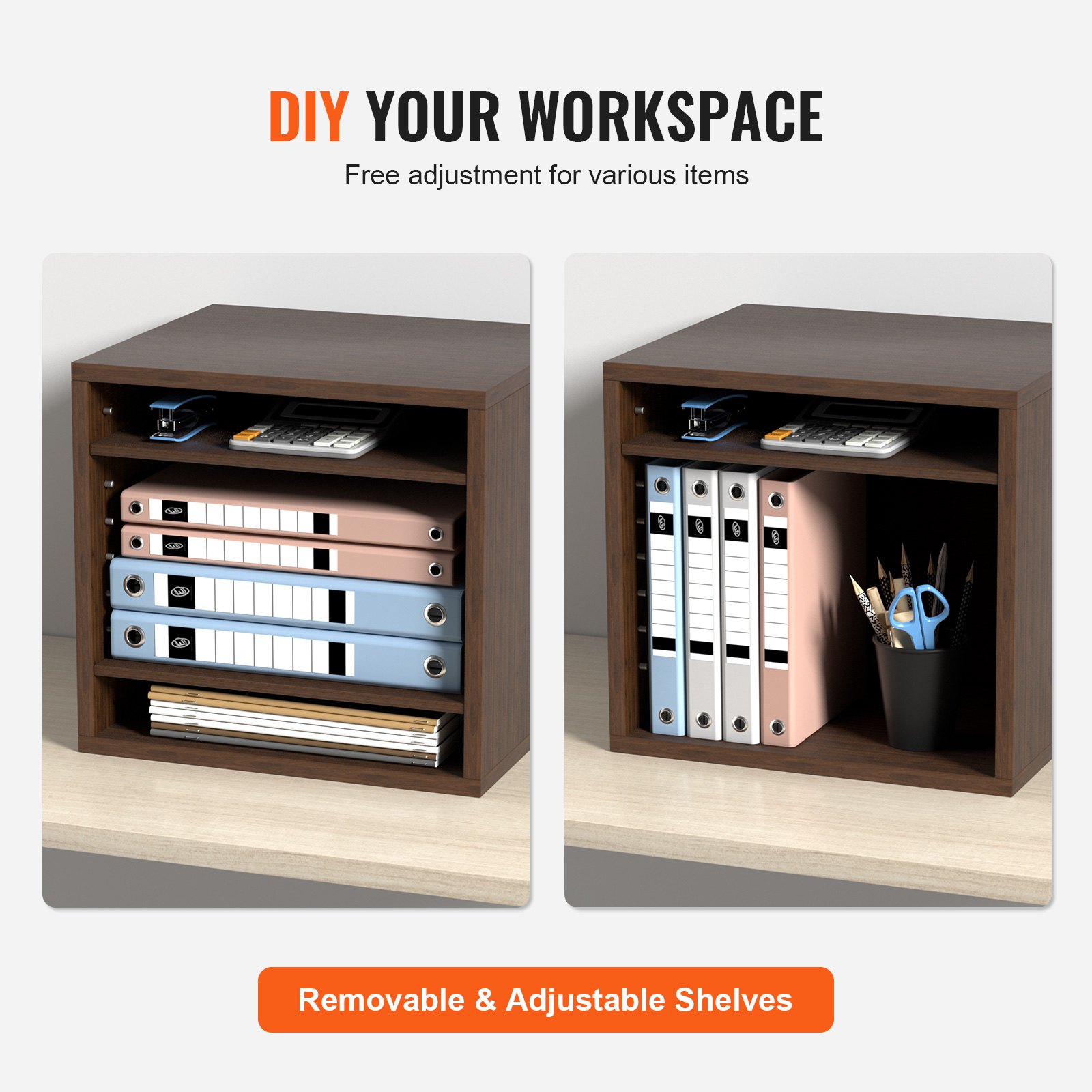 Espacio de trabajo de bricolaje con organizadores de literatura VEVOR con estantes extraíbles y ajustables para archivos.