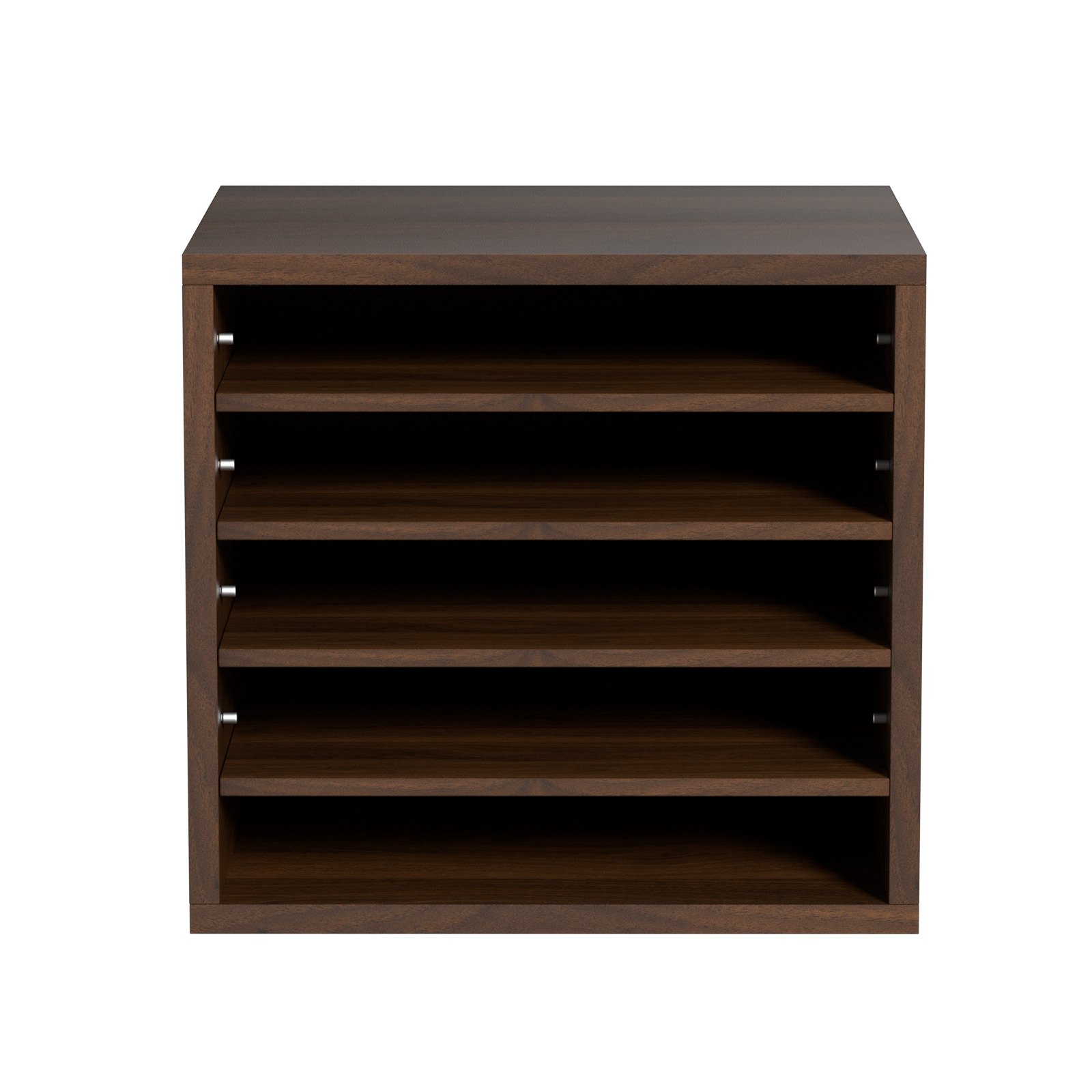 Organizadores de literatura VEVOR con estantes ajustables en acabado de madera oscura.