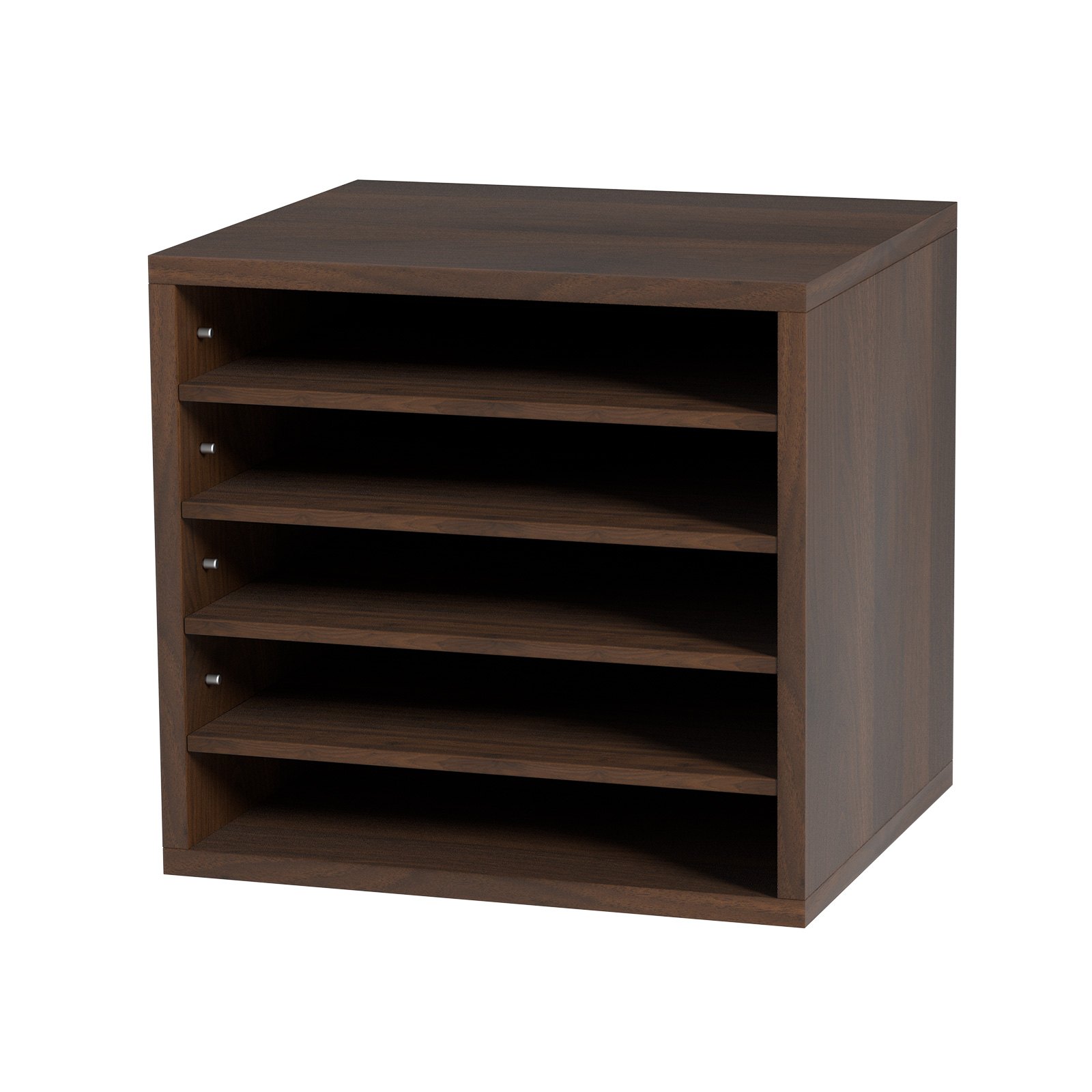 Organizadores de literatura VEVOR de madera marrón con cinco estantes horizontales para almacenar documentos.