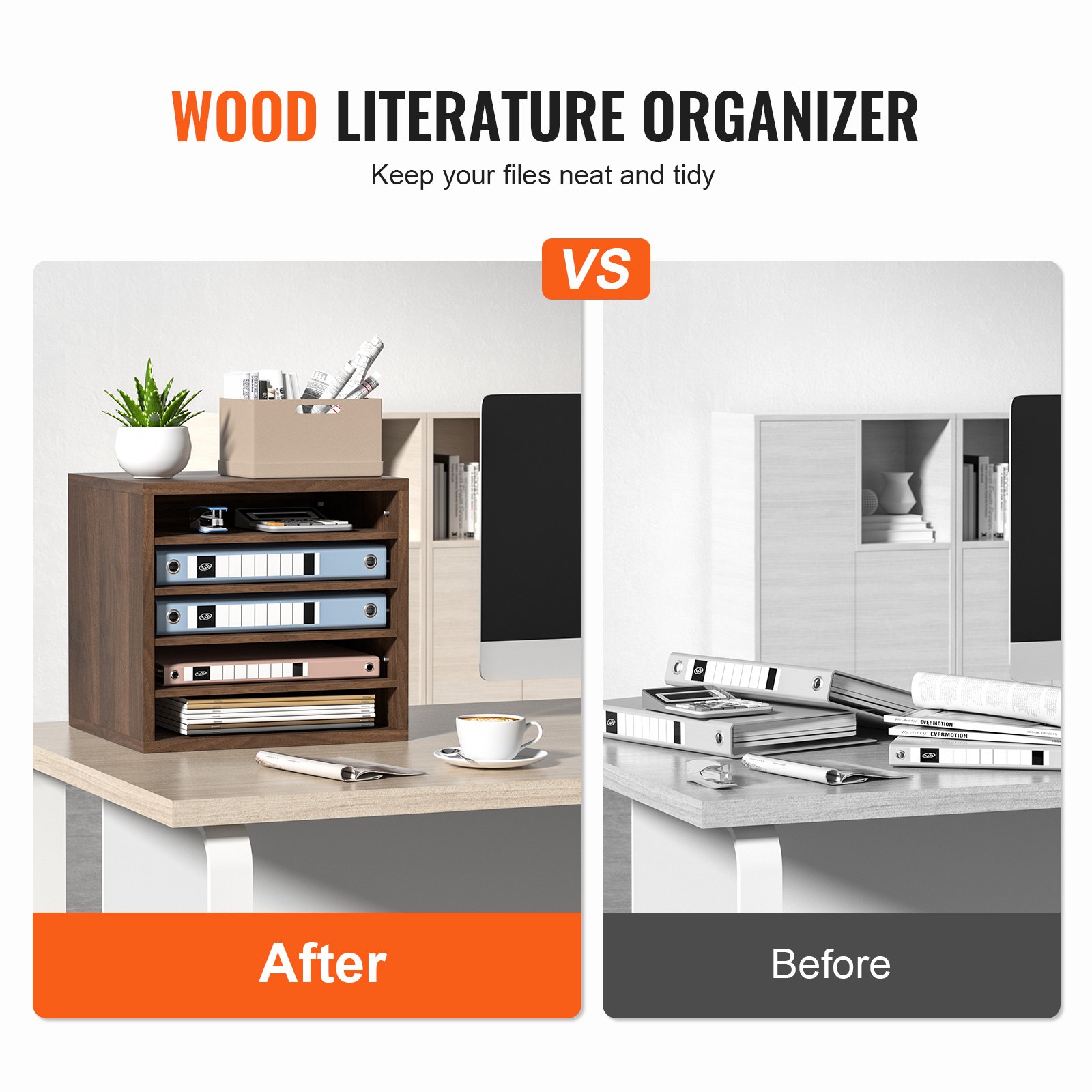 VEVOR Organizador de Literatura de madera Aglomerado Estante de Almacenamiento de Documentos de 5 Compartimentos 35,5x30,5x33 cm Clasificador de Literatura con Estantes Ajustables para Oficina, Marrón