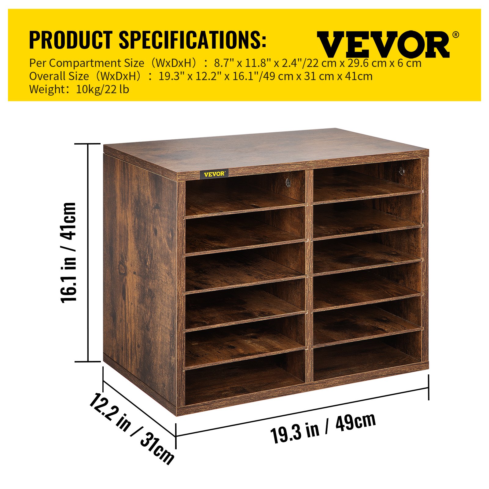 VEVOR Armario de Oficina Archivador 49x31x41 cm Armario de Documentos de Madera 12 Ranuras de Almacenamiento Organizadores de Oficina, Estantes Extraíbles para Hogar y Estudio, Color Marrón Oscuro