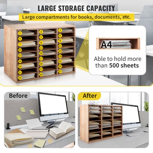 VEVOR Armario de Oficina Archivador 80x30,5x55cm Armario de Documentos de Madera 27 Ranuras de Almacenamiento Organizadores de Oficina, Estantes Extraíbles para Hogar y Estudio, Color Blanco y Beige