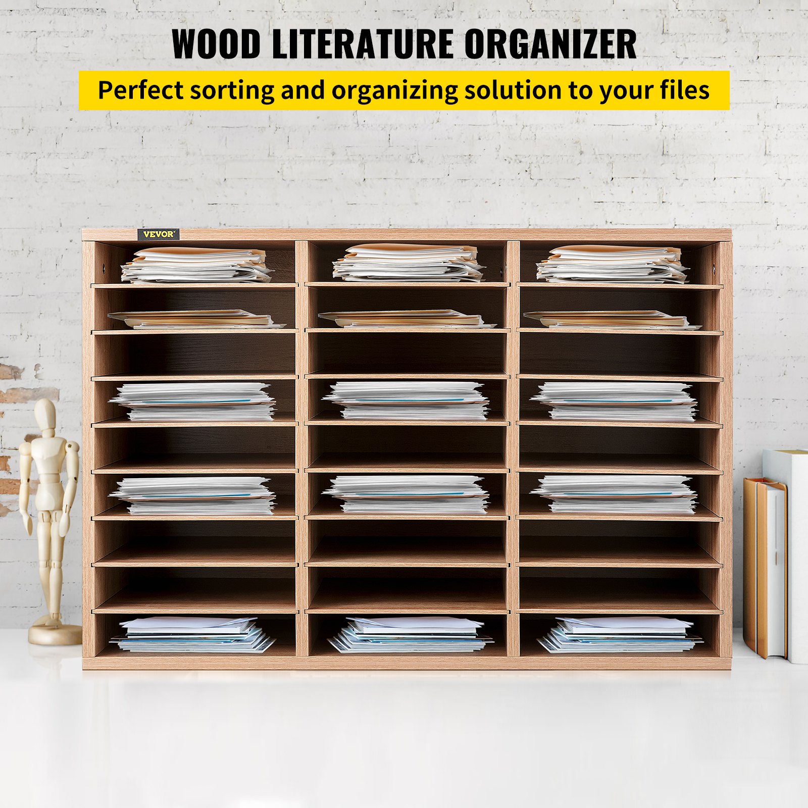 VEVOR Armario de Oficina Archivador 80x30,5x55cm Armario de Documentos de Madera 27 Ranuras de Almacenamiento Organizadores de Oficina, Estantes Extraíbles para Hogar y Estudio, Color Blanco y Beige