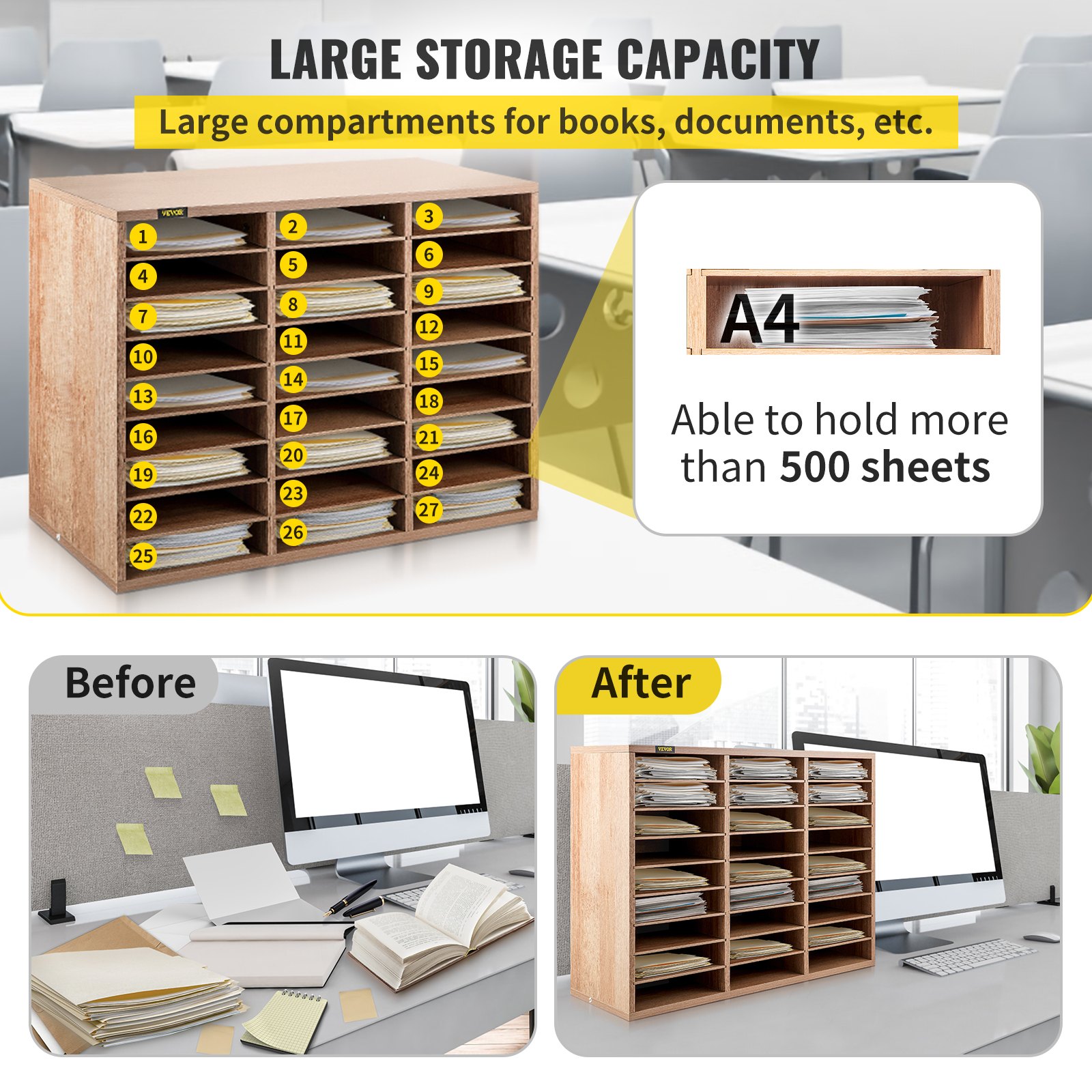 VEVOR Armario de Oficina Archivador 80x30,5x55cm Armario de Documentos de Madera 27 Ranuras de Almacenamiento Organizadores de Oficina, Estantes Extraíbles para Hogar y Estudio, Color Blanco y Beige