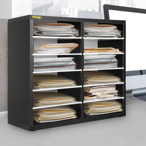 VEVOR Armario de Oficina Archivador 49x31x41cm Armario de Documentos de Madera 12 Ranuras de Almacenamiento Organizadores de Oficina, Estantes Extraíbles para Hogar, Oficina y Estudio, Negro y Blanco