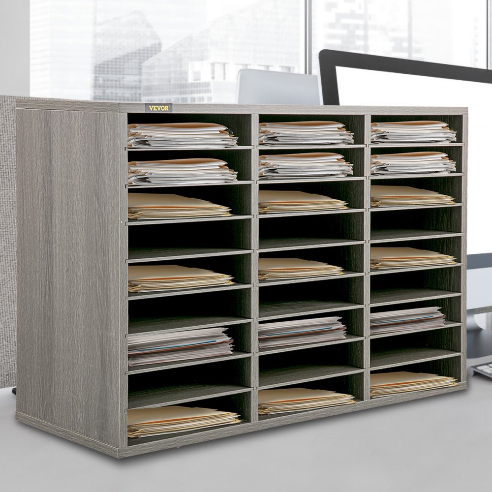 VEVOR Armario de Oficina Archivador 80 x 30,5 x 55 cm Armario de Documentos de Madera 27 Ranuras de Almacenamiento Organizadores de Oficina, Estantes Extraíbles para Hogar, Oficina y Estudio, Gris