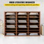 Organizador de literatura de madera VEVOR con múltiples estantes llenos de papeles y libros contra una pared de ladrillos blancos.