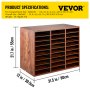 Organizador de literatura de madera VEVOR, 21,7 x 31,5 x 12 pulgadas, 24 compartimentos, acabado marrón, especificaciones del producto.