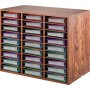 Organizador de literatura de madera VEVOR con múltiples estantes que contienen carpetas y papeles coloridos.