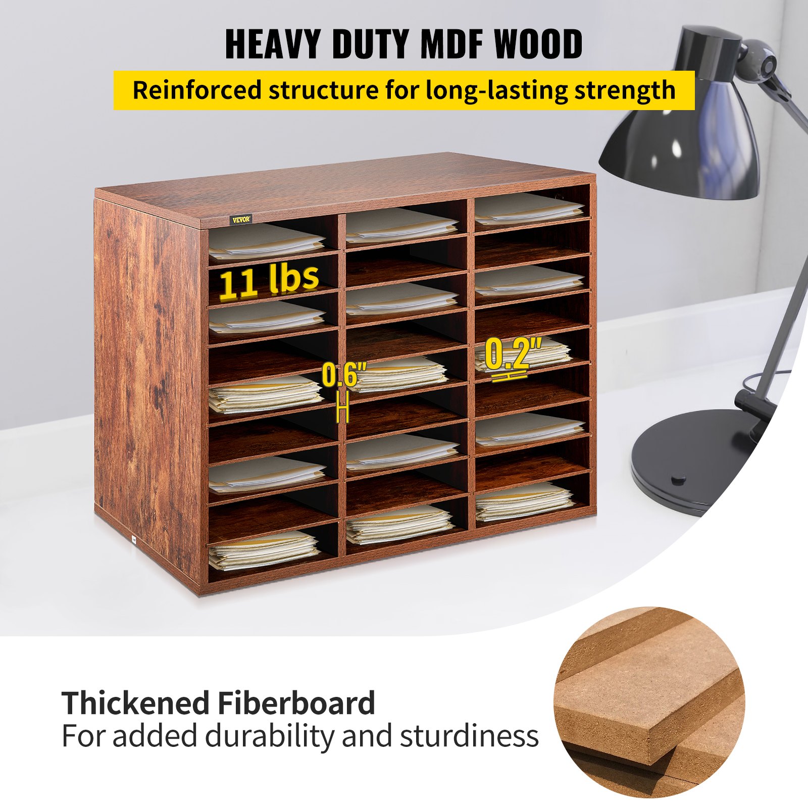 Organizador de literatura de madera VEVOR con 16 ranuras, tablero de fibra engrosado y madera MDF resistente.