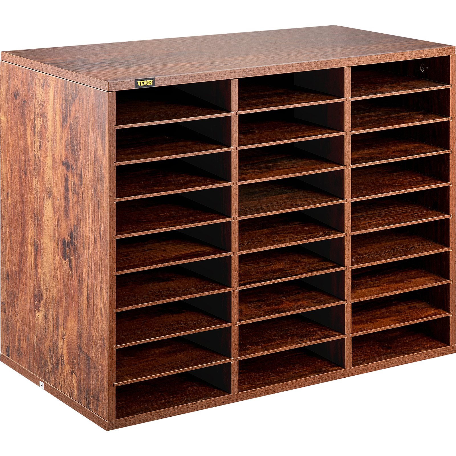 Organizador de literatura de madera VEVOR con múltiples compartimentos en acabado marrón oscuro.