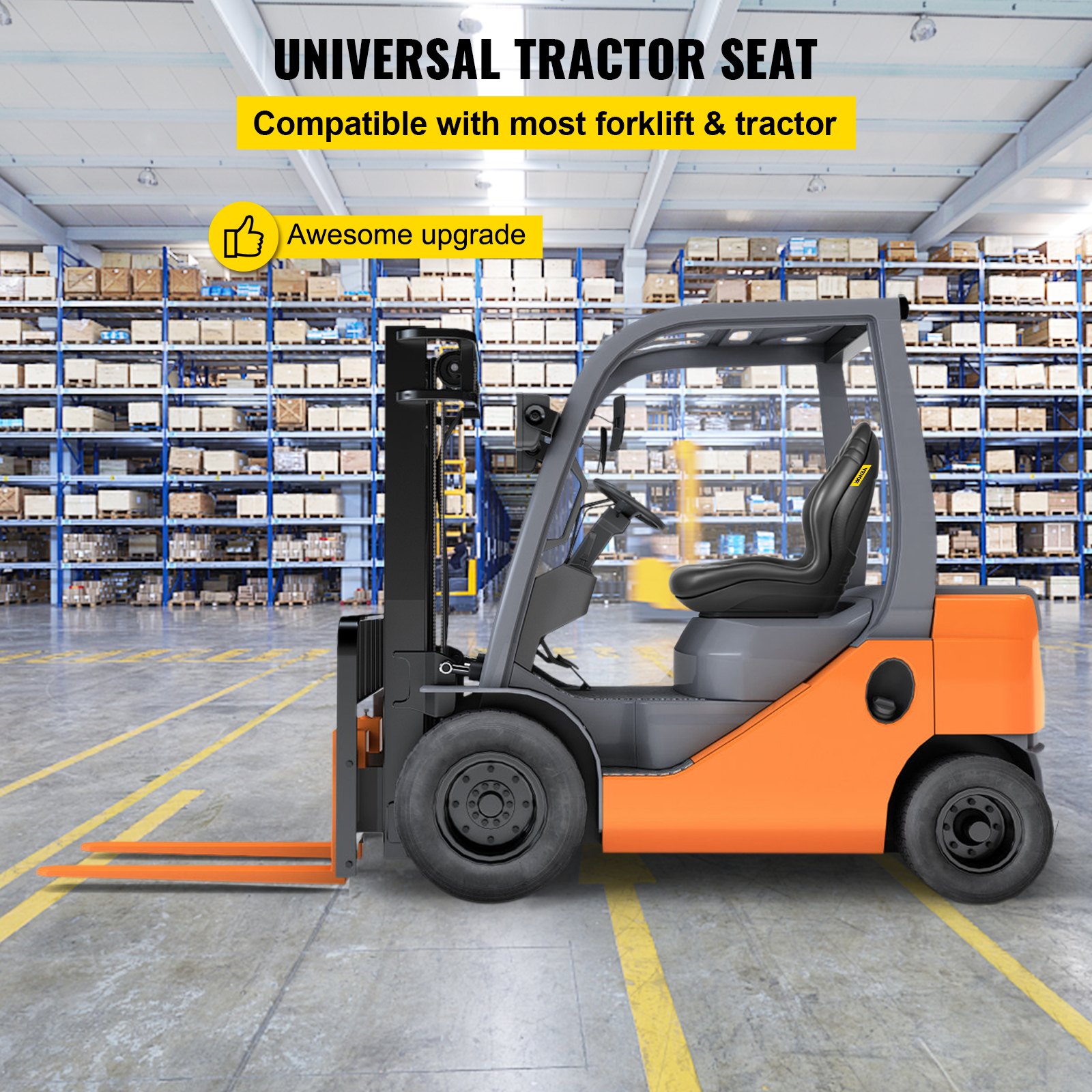 VEVOR Asiento Tractor con Respaldo Asiento Universal Tractor 478 x 587 x 523 mm Negro Asiento Silla de Tractor Impermeable con Orificio de Drenaje 4,5 kg para Topadoras Elevadores Aéreos Excavadoras