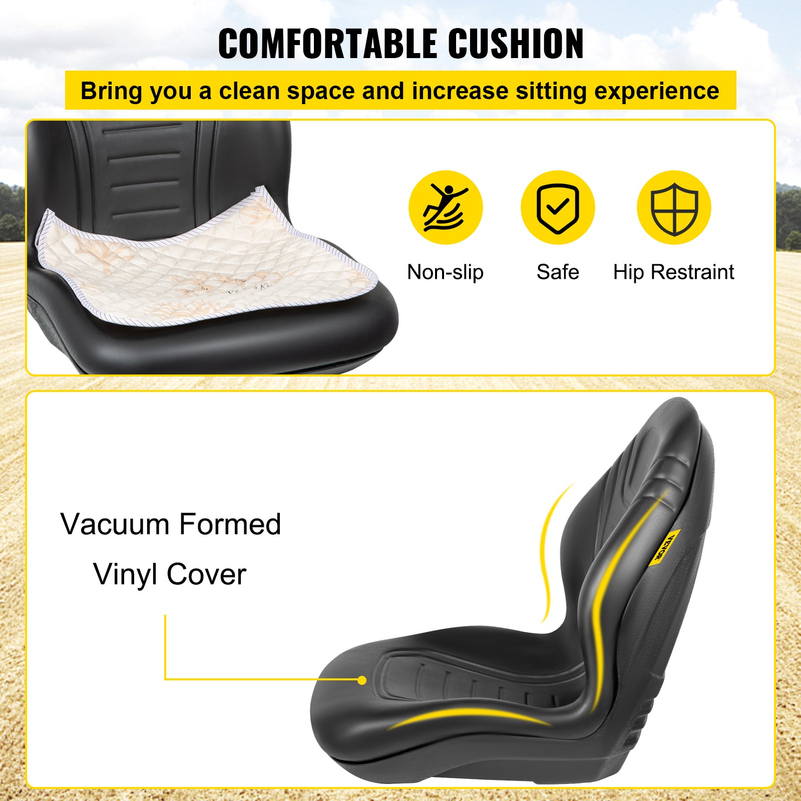 VEVOR Asiento Tractor con Respaldo Asiento Universal Tractor 478 x 587 x 523 mm Negro Asiento Silla de Tractor Impermeable con Orificio de Drenaje 4,5 kg para Topadoras Elevadores Aéreos Excavadoras
