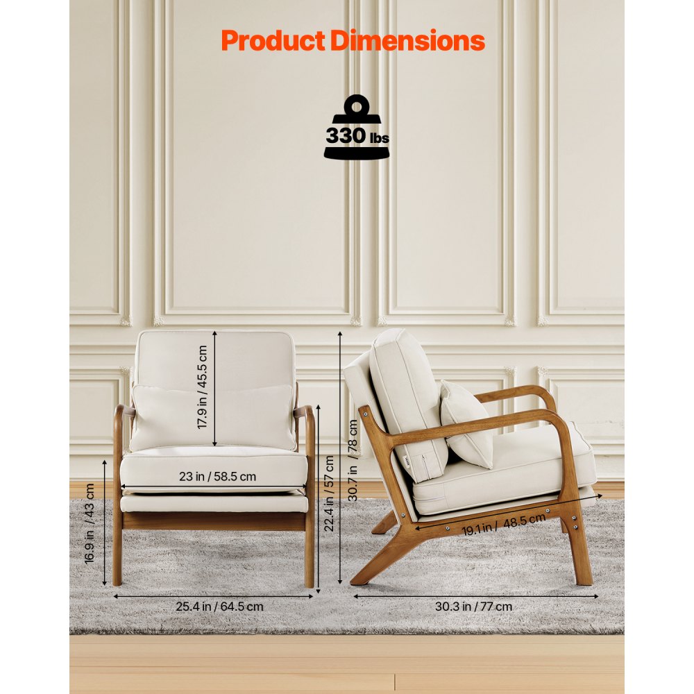 VEVOR Accent Chair, Mid Century Modern Armchair with Solid Wood Frame and Non-Slip Legs, Upholstered Leisure Chairs with Linen Fabric and 14.5 cm Thickened Cushion, for Living Room, Bedroom & Office