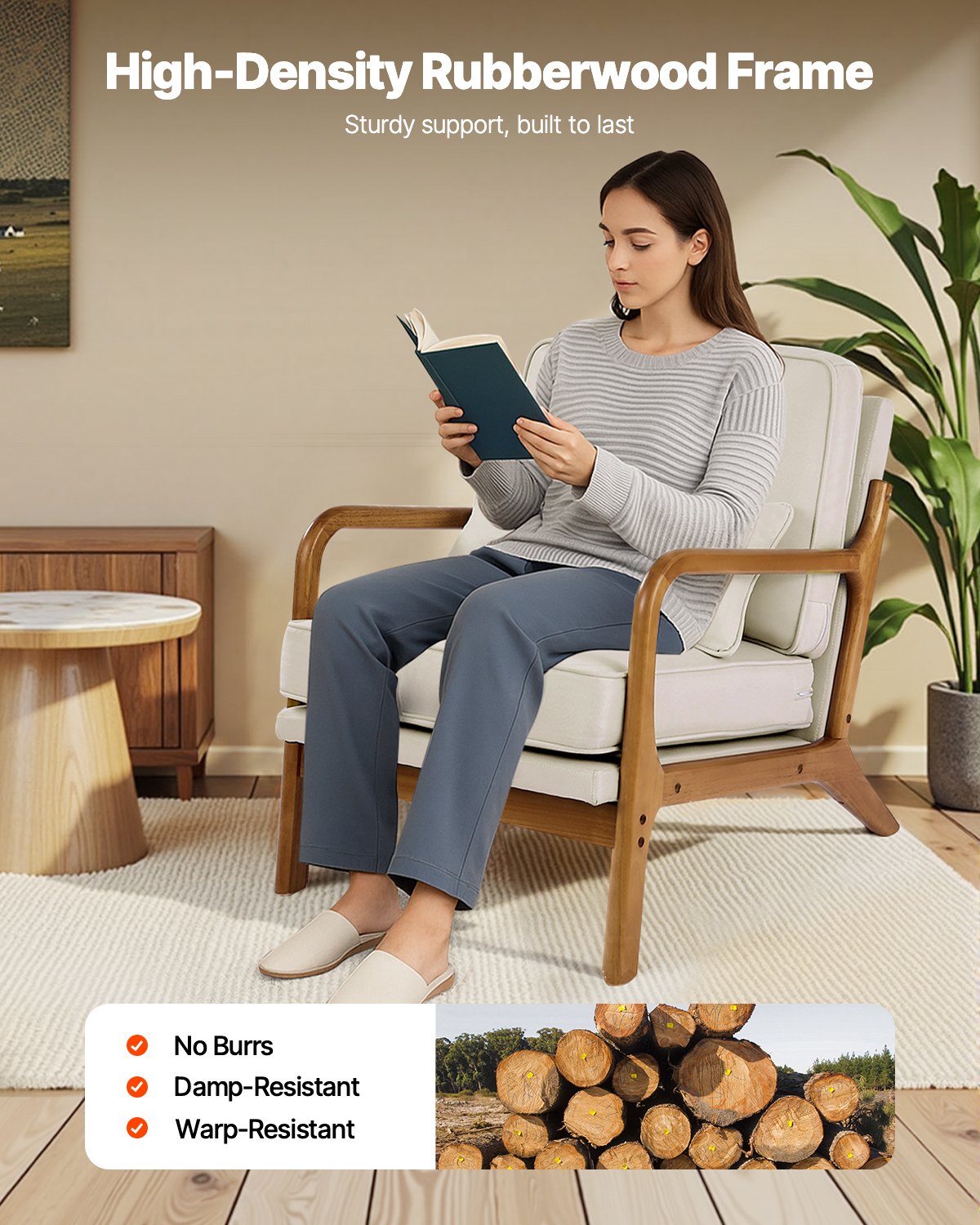 VEVOR Accent Chair, Mid Century Modern Armchair with Solid Wood Frame and Non-Slip Legs, Upholstered Leisure Chairs with Linen Fabric and 14.5 cm Thickened Cushion, for Living Room, Bedroom & Office