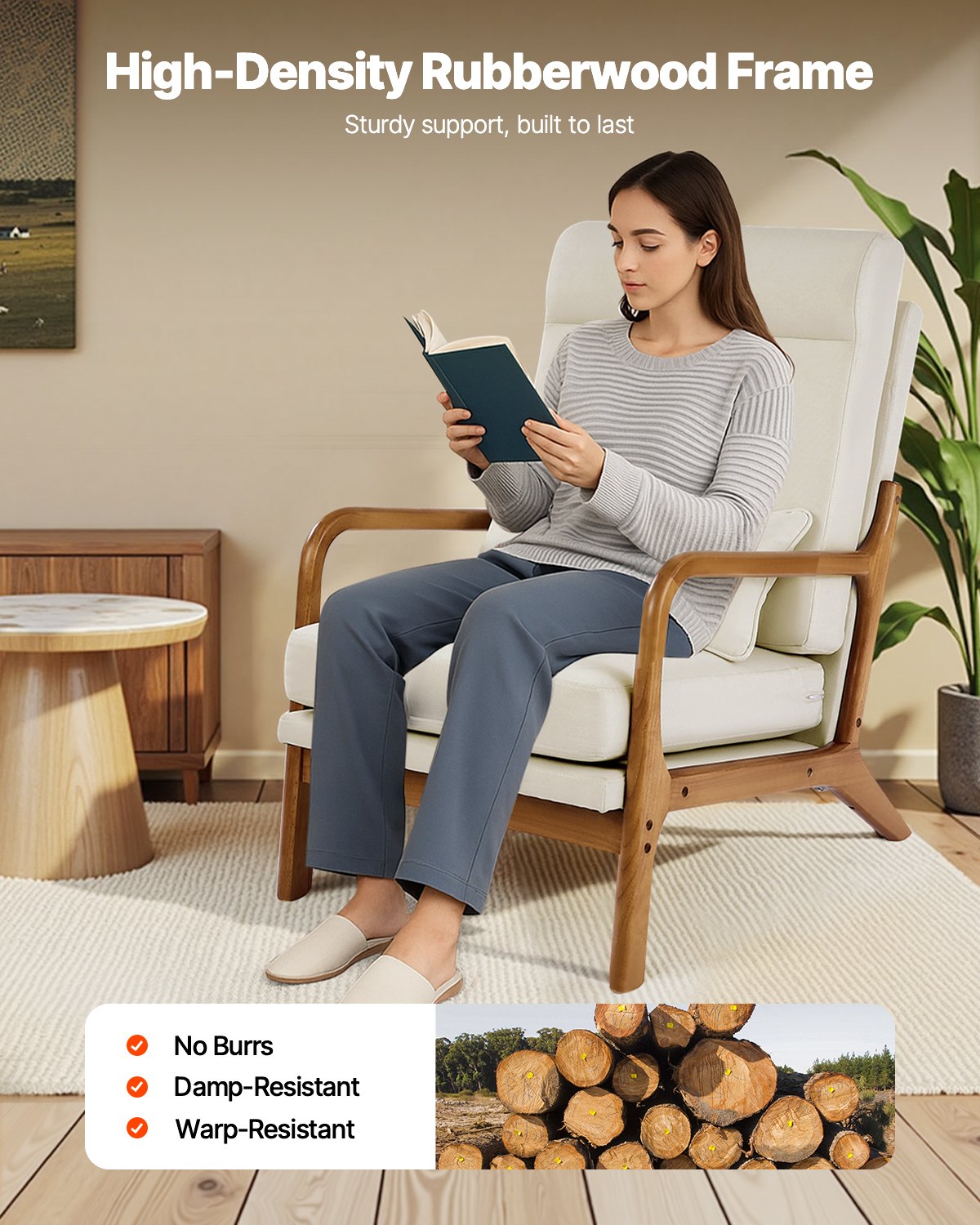 VEVOR Accent Chair, High Back Mid Century Modern Armchair with Solid Wood Frame and Non-Slip Legs, Upholstered Leisure Chairs with Linen Fabric and 13.5 cm Thickened Cushion, for Living Room, Bedroom