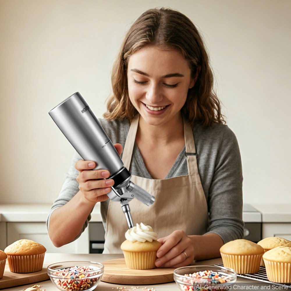 VEVOR Dispensador de Nata Montada 500 ml de Acero Inoxidable 304, sin Fugas, con 3 Boquillas Decorativas y Cepillo de Limpieza, para Hogar, Fiestas, Uso Alimentario, Cartuchos de N₂O (No Incluidos)