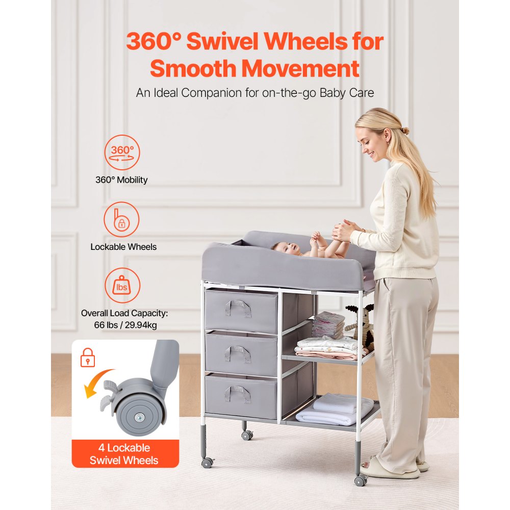 VEVOR Cambiador Portátil para Bebé, Cambiador Multifuncional de 755 x 510 x (1000-1075) mm Altura Ajustable con 3 Cajones de Tela, Ruedas Bloqueables y Organizador de Almacenamiento, Color Gris