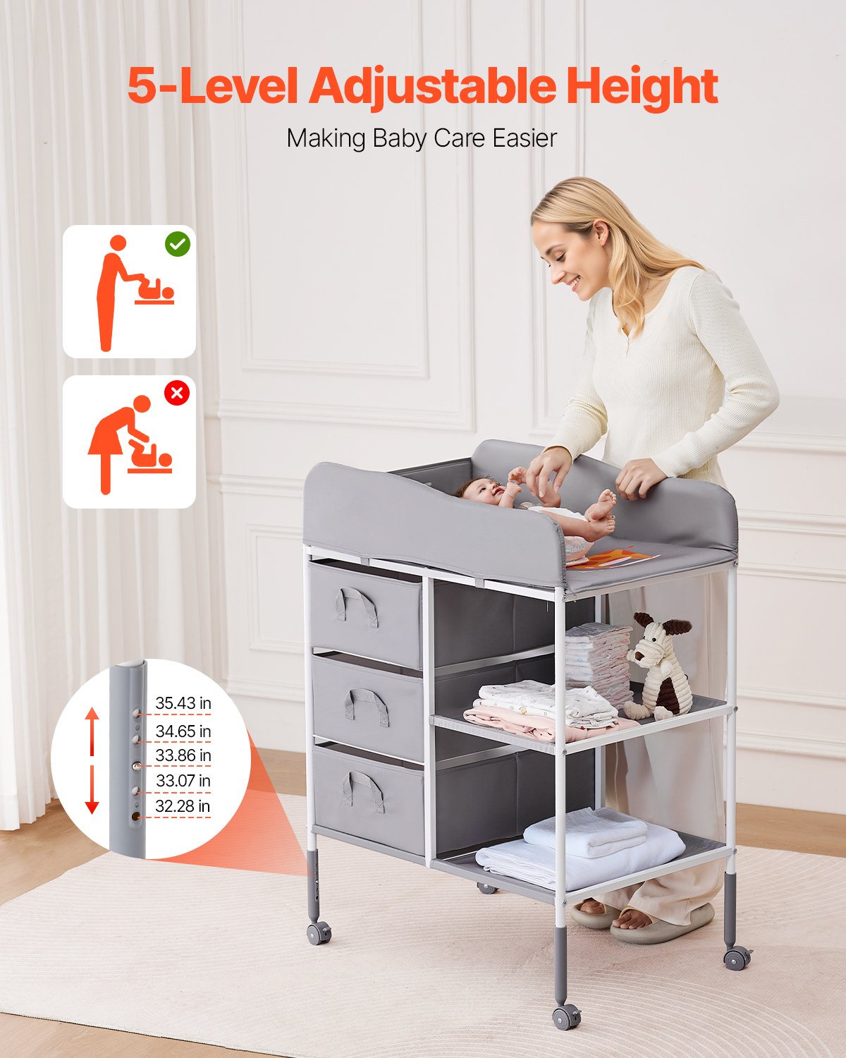 VEVOR Cambiador Portátil para Bebé, Cambiador Multifuncional de 755 x 510 x (1000-1075) mm Altura Ajustable con 3 Cajones de Tela, Ruedas Bloqueables y Organizador de Almacenamiento, Color Gris