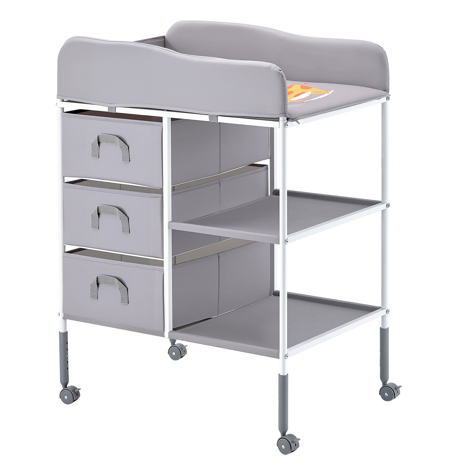 VEVOR Cambiador Portátil para Bebé, Cambiador Multifuncional de 755 x 510 x (1000-1075) mm Altura Ajustable con 3 Cajones de Tela, Ruedas Bloqueables y Organizador de Almacenamiento, Color Gris