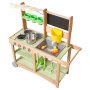 VEVOR Cocina de Barro Realista al Aire Libre, para Niños de 3 Años en Adelante, Madera de Cedro, con Cucharas, Fregadero, Toldo Parasol, Ruedas Giratorias, Ollas y Accesorios, 880 x 326 x 900 mm