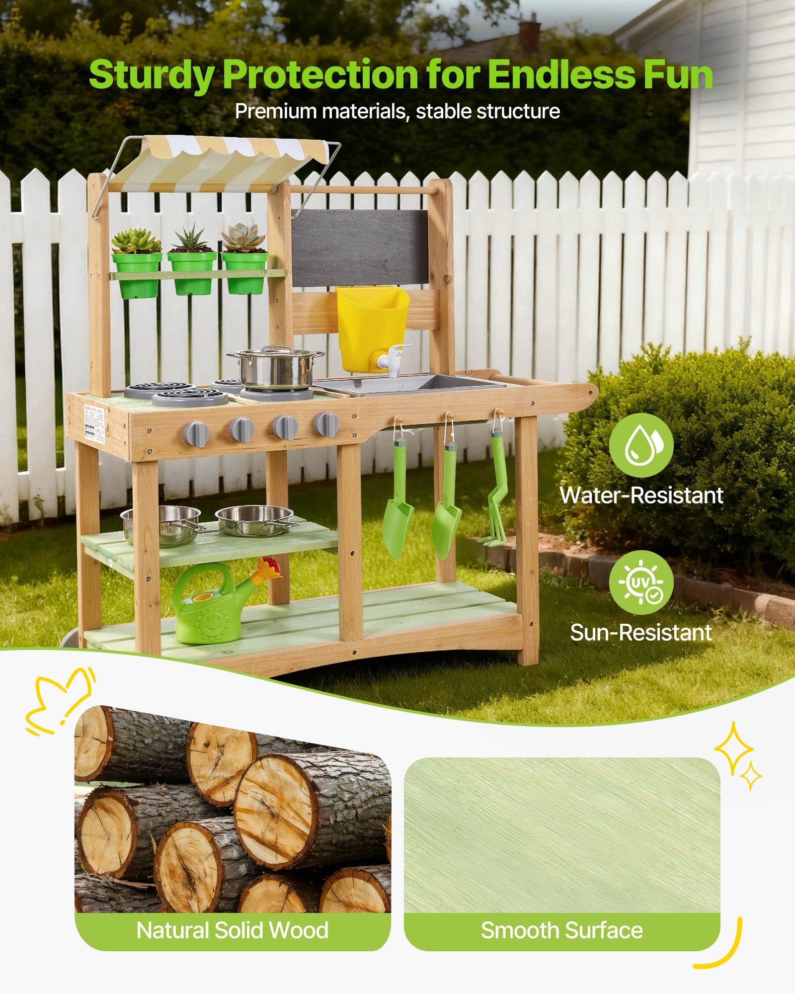 VEVOR Cocina de Barro Realista al Aire Libre, para Niños de 3 Años en Adelante, Madera de Cedro, con Cucharas, Fregadero, Toldo Parasol, Ruedas Giratorias, Ollas y Accesorios, 880 x 326 x 900 mm