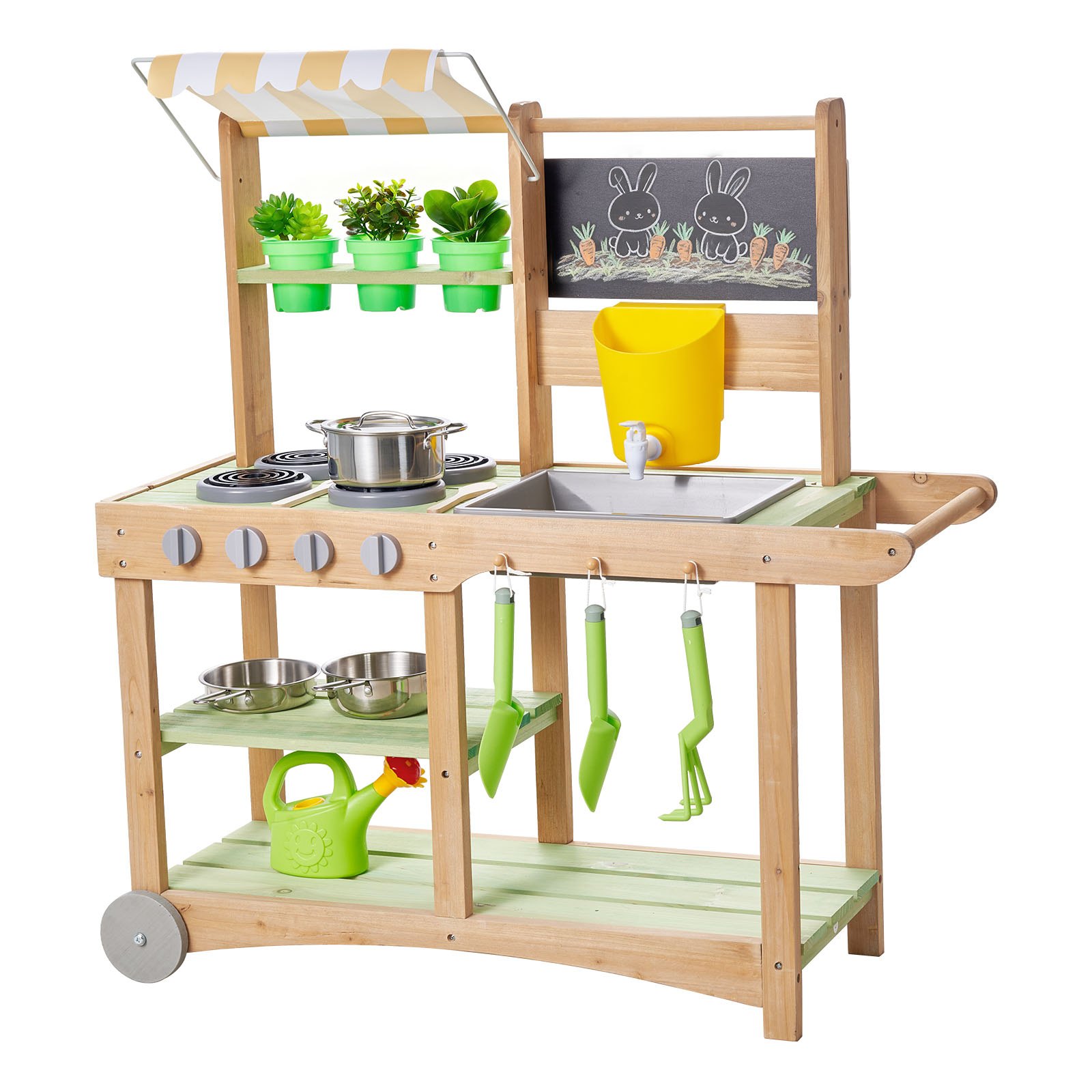 VEVOR Cocina de Barro Realista al Aire Libre, para Niños de 3 Años en Adelante, Madera de Cedro, con Cucharas, Fregadero, Toldo Parasol, Ruedas Giratorias, Ollas y Accesorios, 880 x 326 x 900 mm