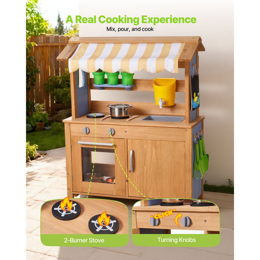 VEVOR Cocina de Barro Realista para Niños al Aire Libre, Madera Cedro, con Cucharas, Fregadero, Tanque, Toldo Parasol, Palas, Ollas y Accesorios, para Jugar en Casa y Jardín, 795 x 339 x 1000 mm