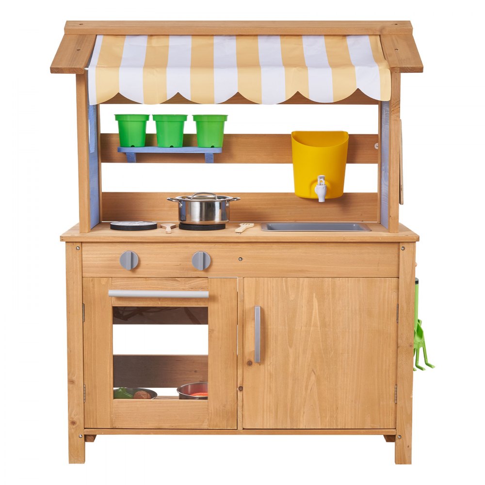 VEVOR Cocina de Barro Realista para Niños al Aire Libre, Madera Cedro, con Cucharas, Fregadero, Tanque, Toldo Parasol, Palas, Ollas y Accesorios, para Jugar en Casa y Jardín, 795 x 339 x 1000 mm