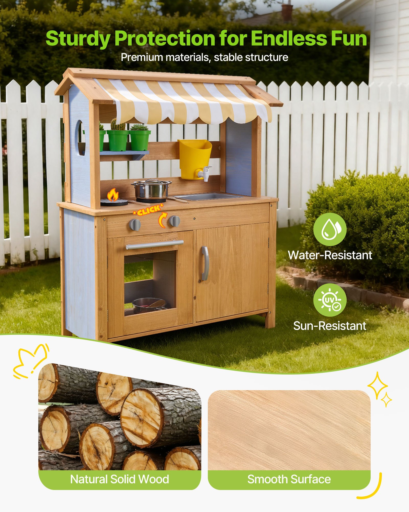VEVOR Cocina de Barro Realista para Niños al Aire Libre, Madera Cedro, con Cucharas, Fregadero, Tanque, Toldo Parasol, Palas, Ollas y Accesorios, para Jugar en Casa y Jardín, 795 x 339 x 1000 mm