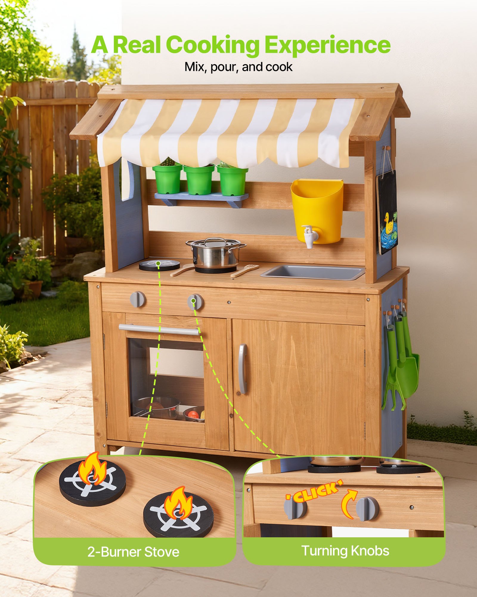 VEVOR Cocina de Barro Realista para Niños al Aire Libre, Madera Cedro, con Cucharas, Fregadero, Tanque, Toldo Parasol, Palas, Ollas y Accesorios, para Jugar en Casa y Jardín, 795 x 339 x 1000 mm
