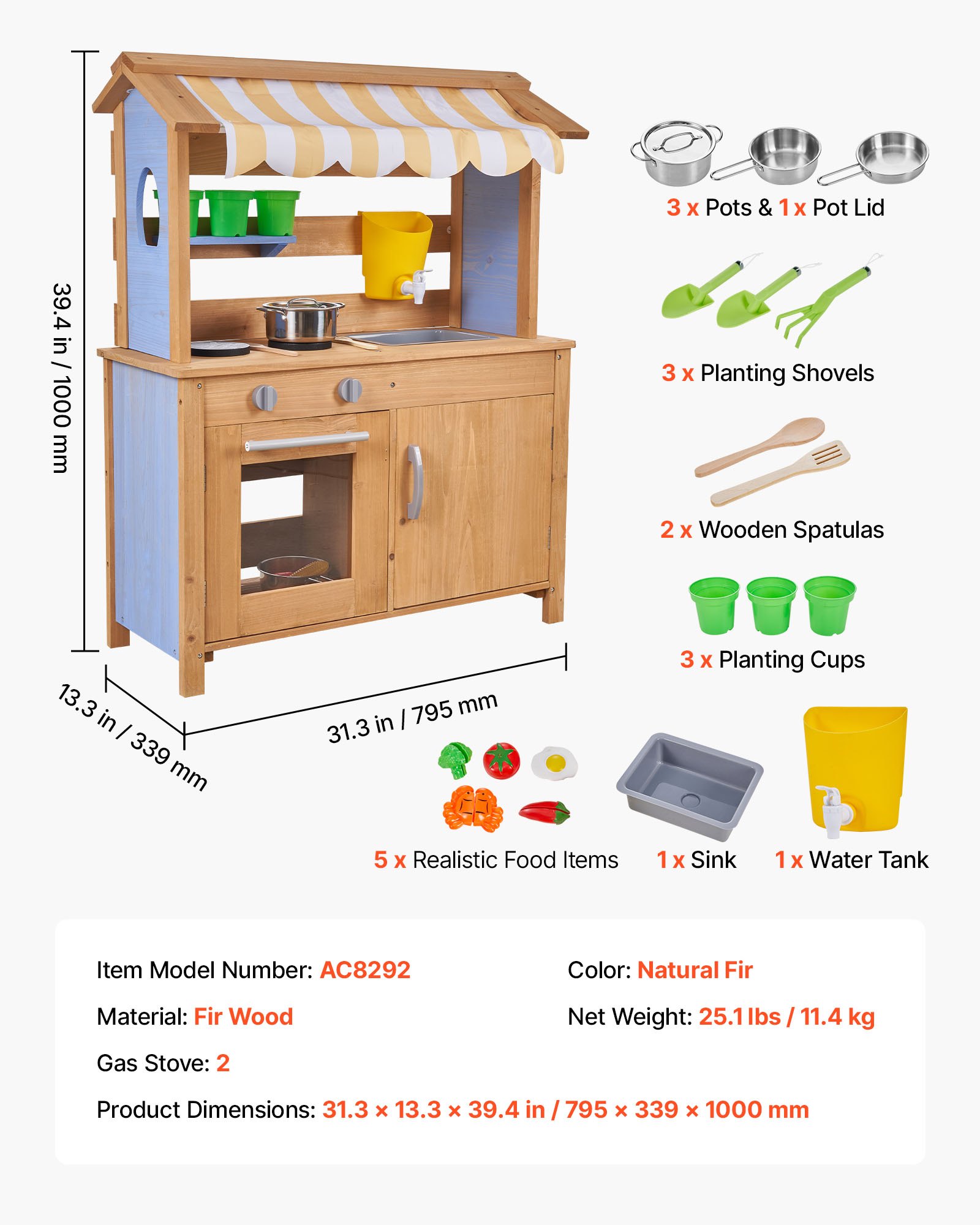 VEVOR Cocina de Barro Realista para Niños al Aire Libre, Madera Cedro, con Cucharas, Fregadero, Tanque, Toldo Parasol, Palas, Ollas y Accesorios, para Jugar en Casa y Jardín, 795 x 339 x 1000 mm