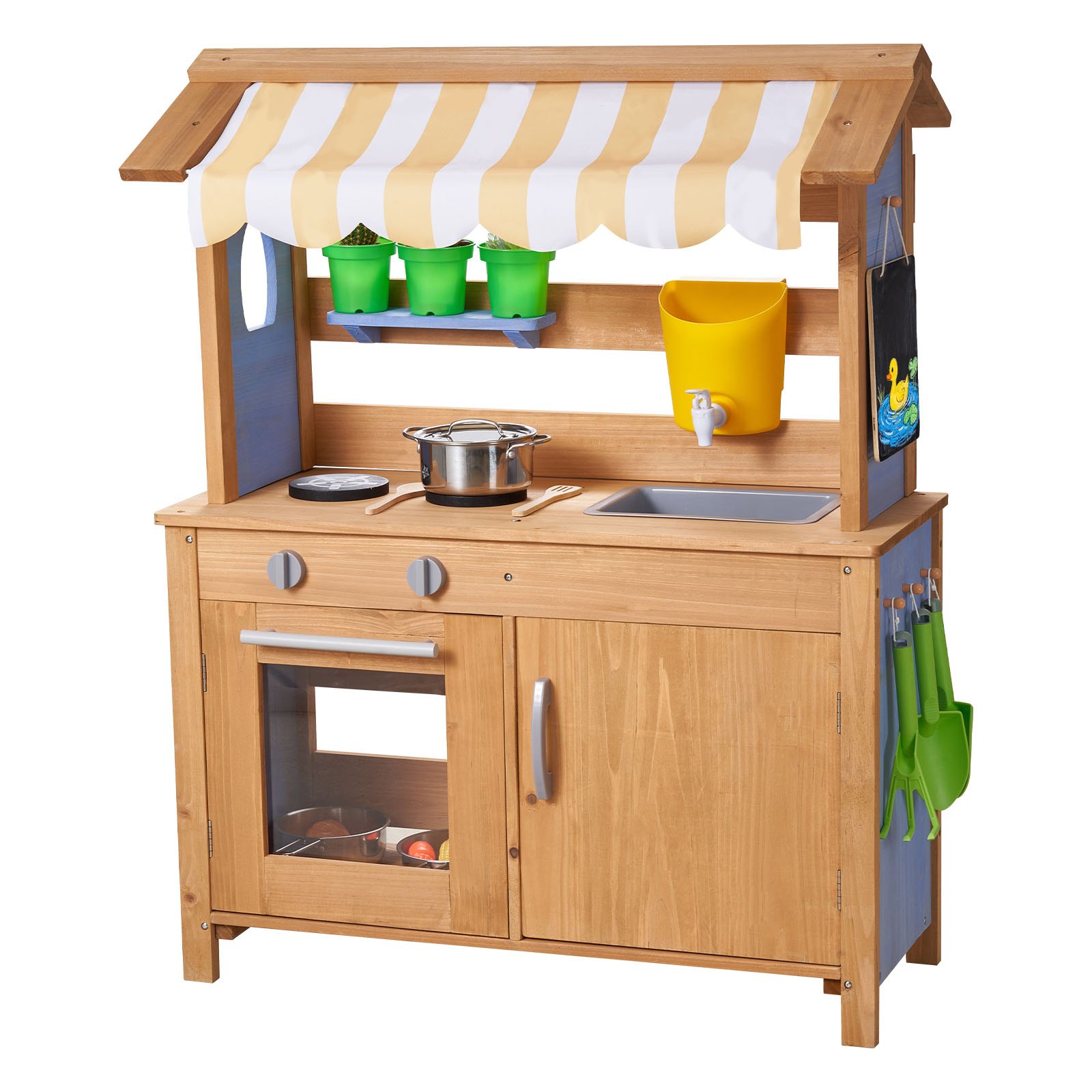 VEVOR Cocina de Barro Realista para Niños al Aire Libre, Madera Cedro, con Cucharas, Fregadero, Tanque, Toldo Parasol, Palas, Ollas y Accesorios, para Jugar en Casa y Jardín, 795 x 339 x 1000 mm