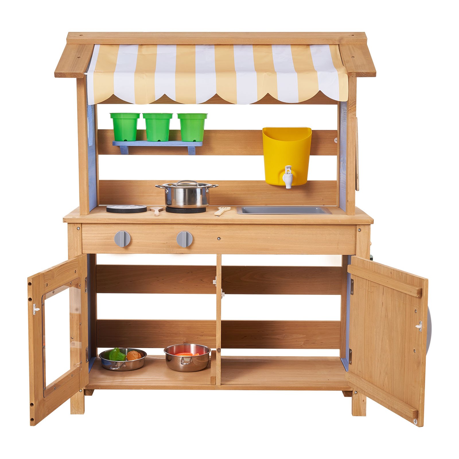 VEVOR Cocina de Barro Realista para Niños al Aire Libre, Madera Cedro, con Cucharas, Fregadero, Tanque, Toldo Parasol, Palas, Ollas y Accesorios, para Jugar en Casa y Jardín, 795 x 339 x 1000 mm