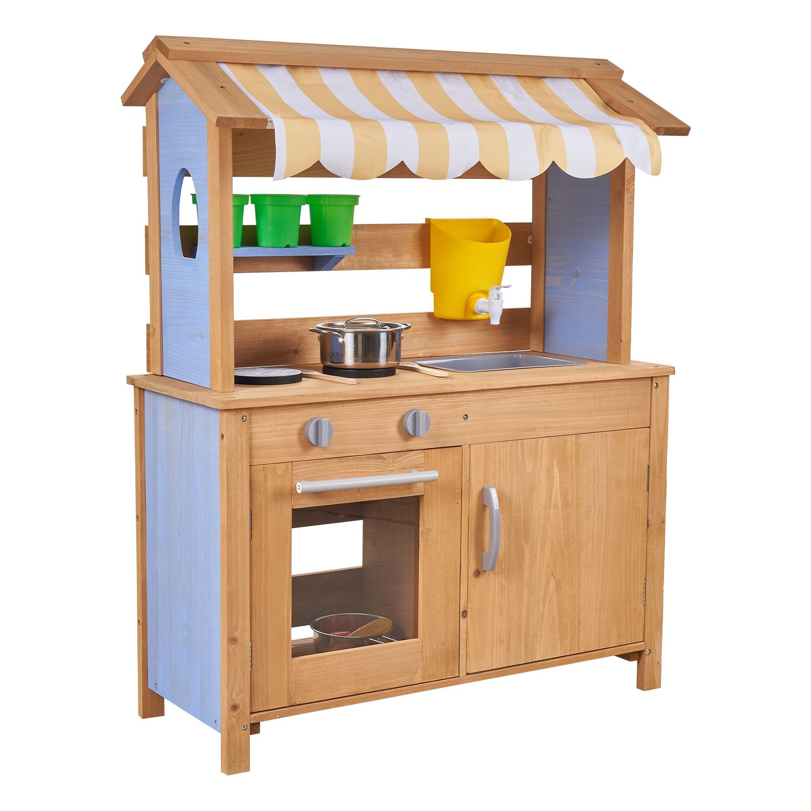 VEVOR Cocina de Barro Realista para Niños al Aire Libre, Madera Cedro, con Cucharas, Fregadero, Tanque, Toldo Parasol, Palas, Ollas y Accesorios, para Jugar en Casa y Jardín, 795 x 339 x 1000 mm
