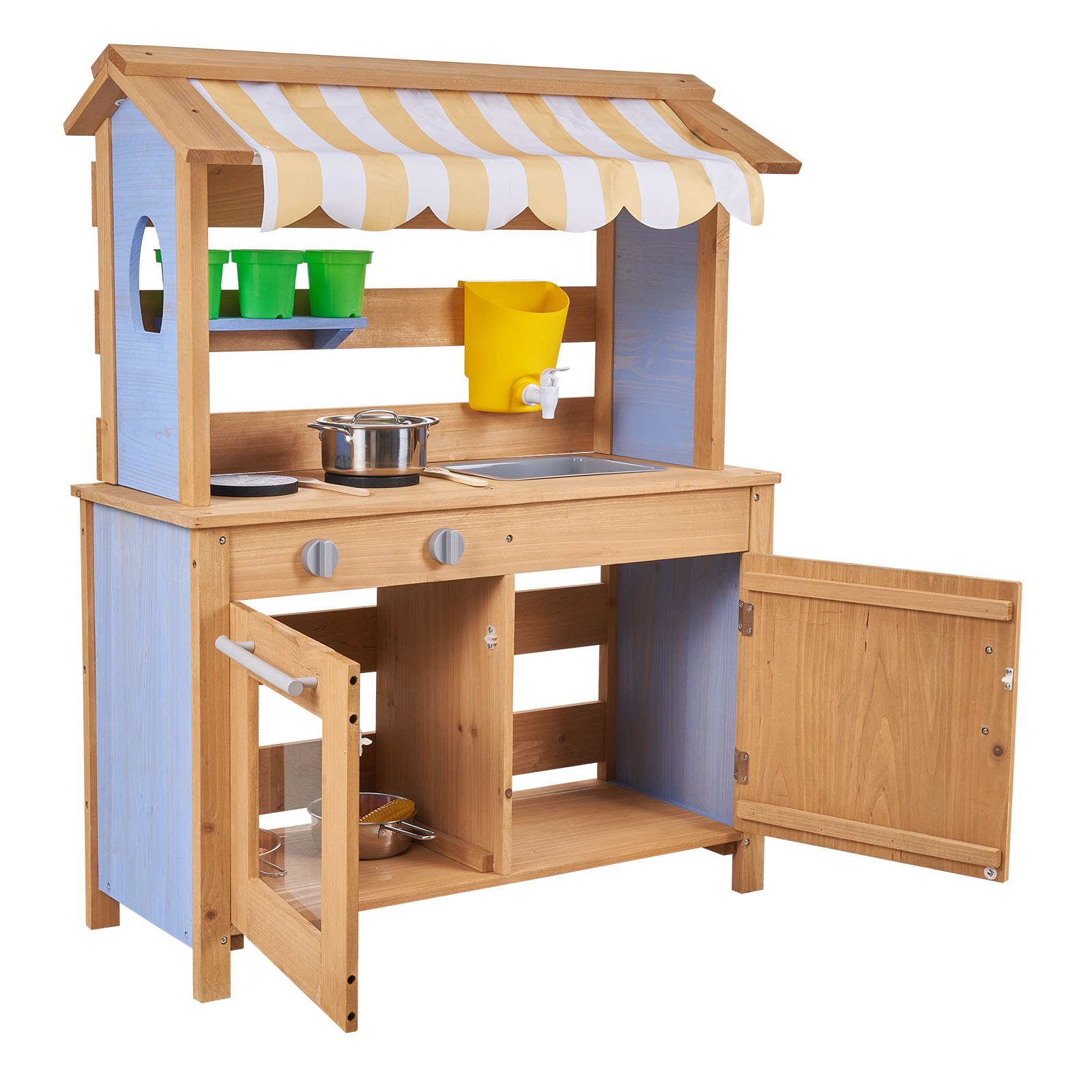 VEVOR Cocina de Barro Realista para Niños al Aire Libre, Madera Cedro, con Cucharas, Fregadero, Tanque, Toldo Parasol, Palas, Ollas y Accesorios, para Jugar en Casa y Jardín, 795 x 339 x 1000 mm