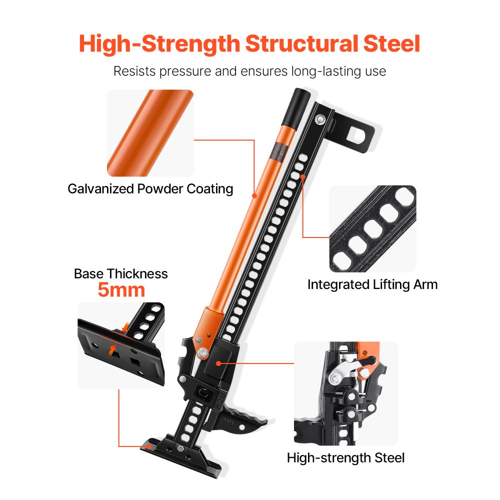 VEVOR Gato Agrícola 845 mm con Elevación Alta y Trinquete Carga Máxima de 3,18 T para Uso Todoterreno de Alta Resistencia con Rango de Elevación de 130,1 a 711,2 mm para Tractor, Camión, SUV