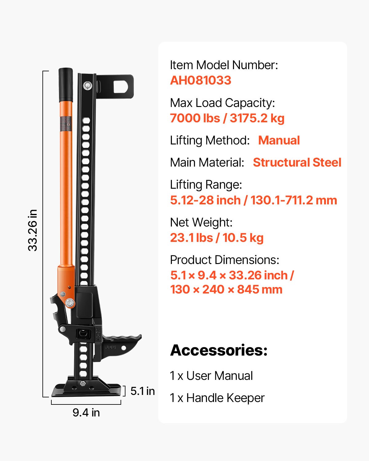 VEVOR Gato Agrícola 845 mm con Elevación Alta y Trinquete Carga Máxima de 3,18 T para Uso Todoterreno de Alta Resistencia con Rango de Elevación de 130,1 a 711,2 mm para Tractor, Camión, SUV