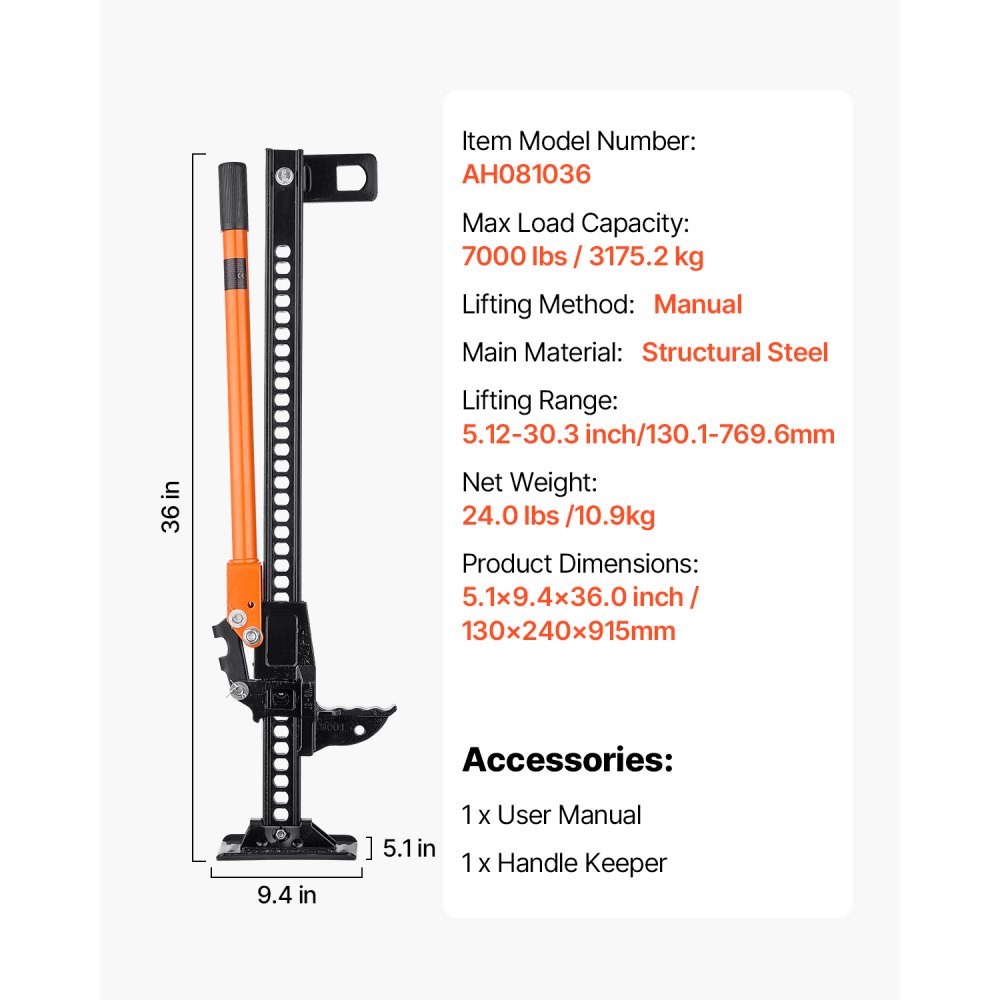 VEVOR Gato Agrícola 91,5 cm con Elevación Alta y Trinquete Carga Máxima de 3,18 T para Uso Todoterreno de Alta Resistencia con Rango de Elevación de 130,1 a 769,6 mm para Tractor, Camión, SUV